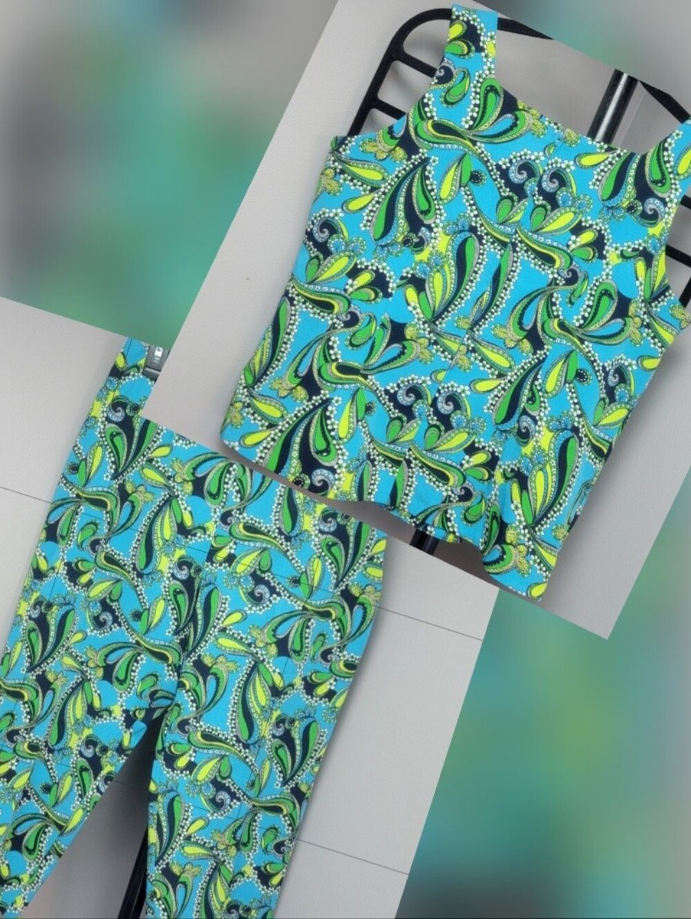 Set Capri Pants & Matching Top Summer 60's Style Blue Green Paisley Print Sz 12
